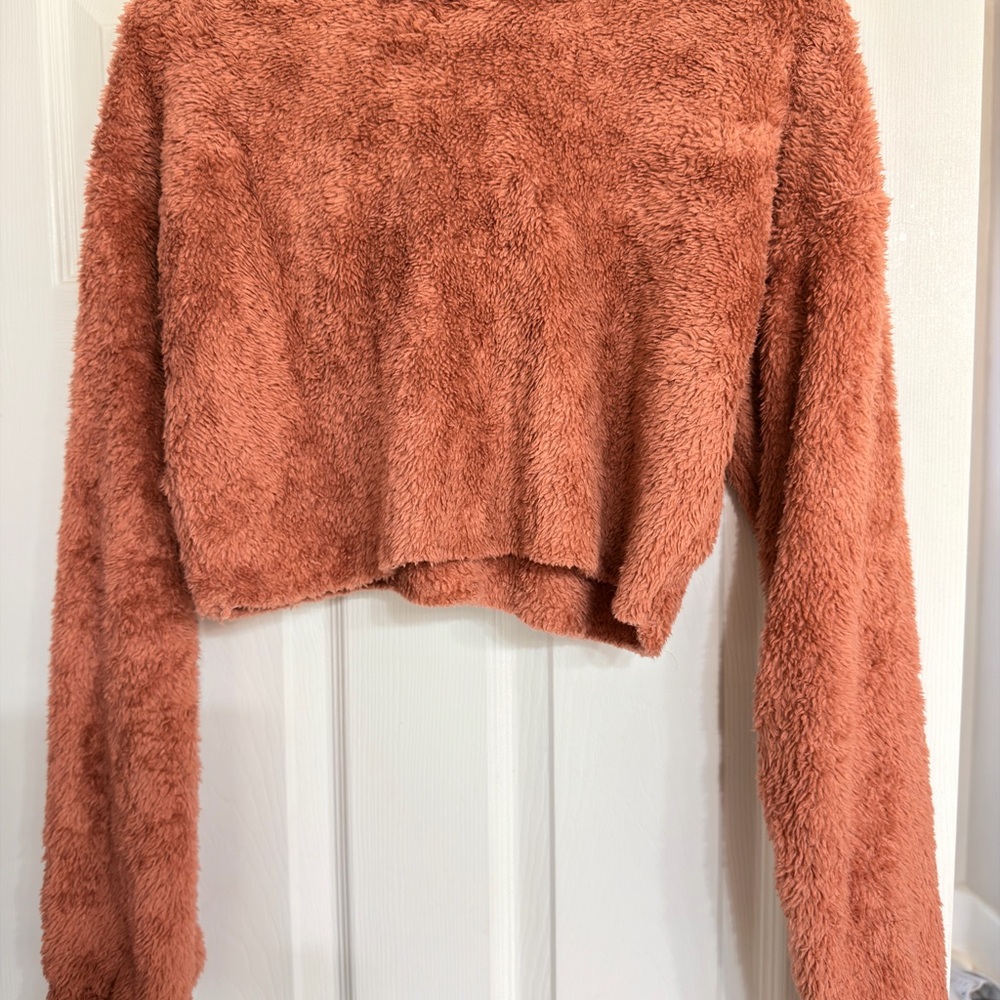 SHEIN Warm Terracotta Fuzzy Crew Neck Sweater